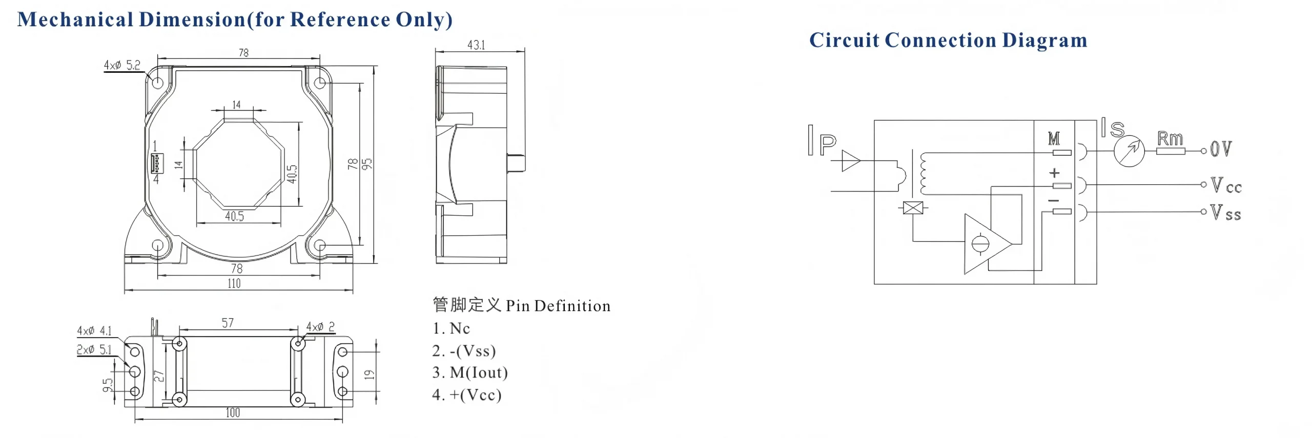 BY05 series closed loop Hall current sensor size and dimensions for selection