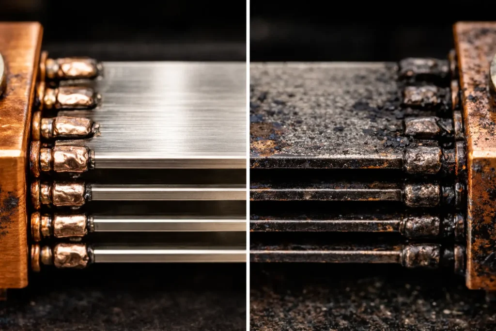 Comparison of healthy manganin alloy versus chemically degraded shunt plates.