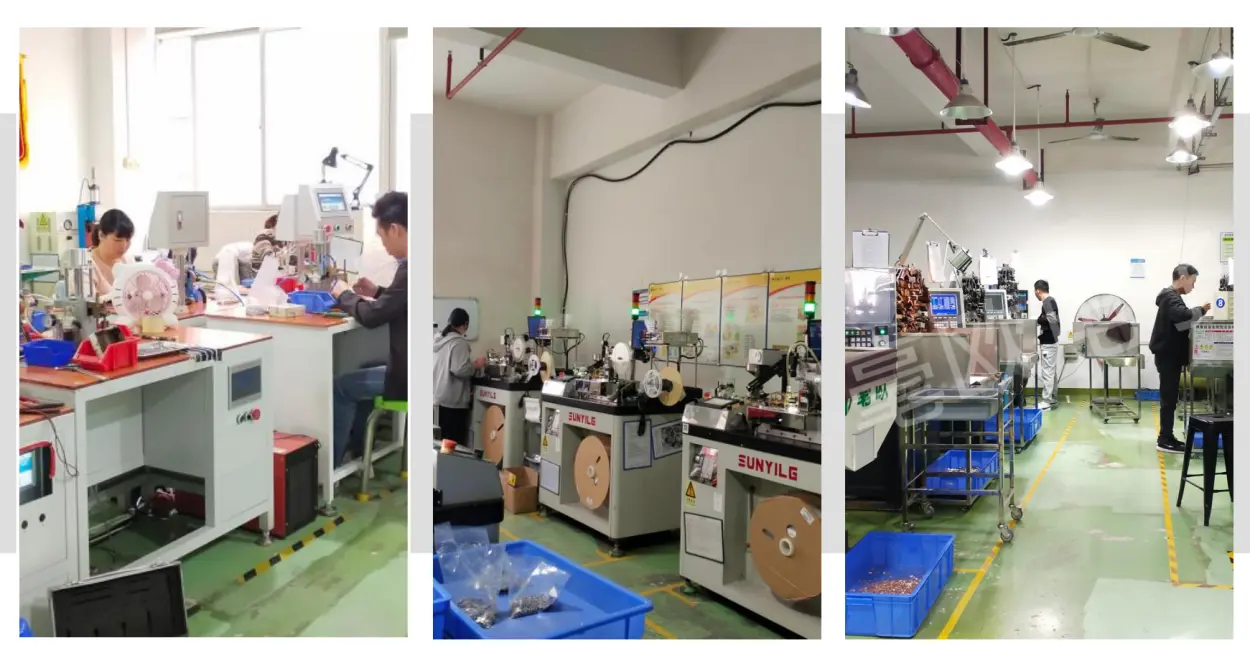 A manufacturing facility specializing in DC shunt production, showcasing workers operating machinery, automated equipment, and assembly lines in a clean and organized factory setting.