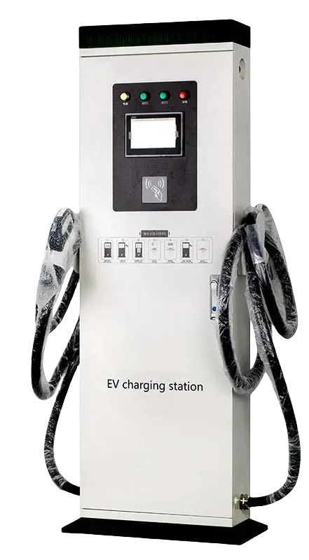 The image features a DC electric vehicle (EV) charging station, designed for fast charging of electric cars. The station is equipped with dual charging cables, allowing simultaneous charging of two vehicles. It includes an interface with status indicators and a screen for user interaction, facilitating an efficient and user-friendly charging experience. The station's design is robust and sleek, suitable for public or private parking areas.