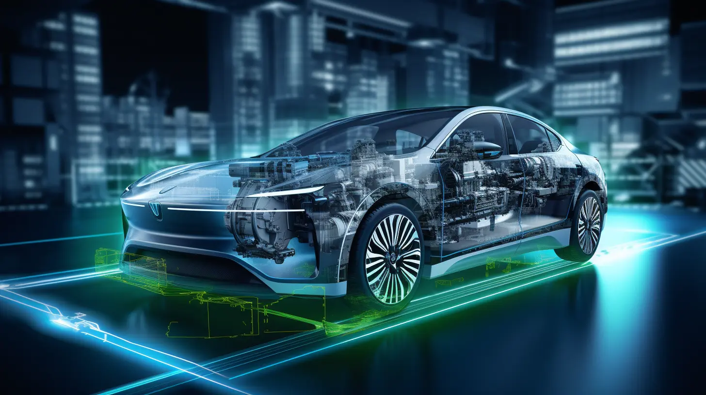 The image showcases a modern electric vehicle (EV) with a semi-transparent view into its complex inner workings, emphasizing the battery system. In the foreground, a DC current shunt, critical for battery performance, is prominently featured. This component is integral to the efficient operation of the EV's battery, playing a pivotal role in managing energy flow and ensuring reliability. The background suggests a technologically advanced setting, aligning with the innovative theme of the title "Enhancing EVs: DC Shunts' Role in Battery Performance."