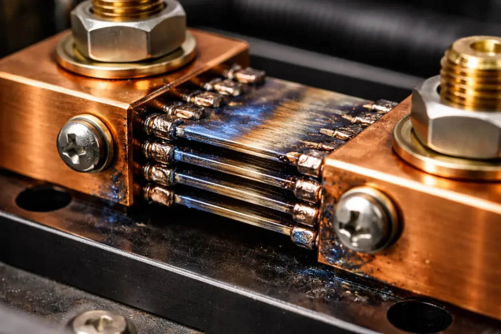 Overheated DC shunt showing blue oxidation and physical discoloration