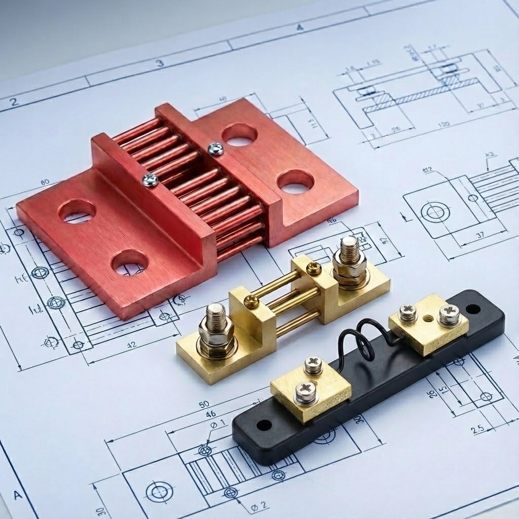 Custom designed DC shunt resistors (Manganin & Copper) placed on technical CAD drawings, showing Leeyd's engineering capability.