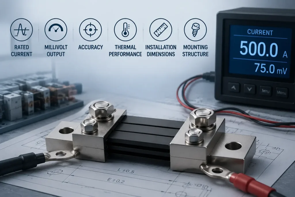 DC current shunt with measurement system showing current rating, millivolt output, accuracy, thermal performance, dimensions, and mounting requirements