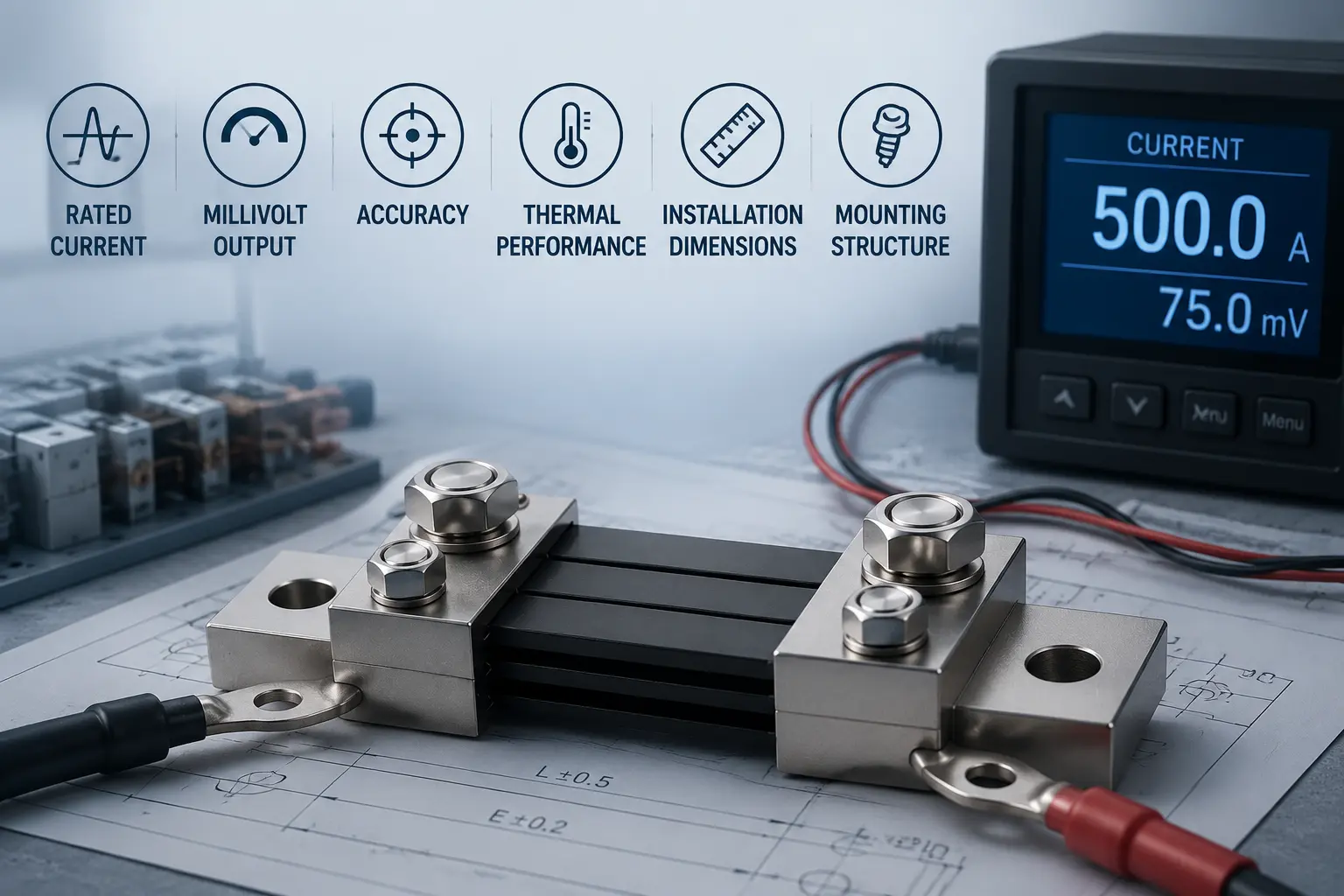 DC current shunt selection factors including current rating voltage drop accuracy and terminals
