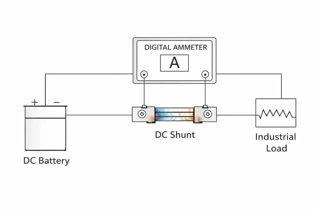 Circuit diagram showing DC shunt wired in series with load and ammeter in parallel.