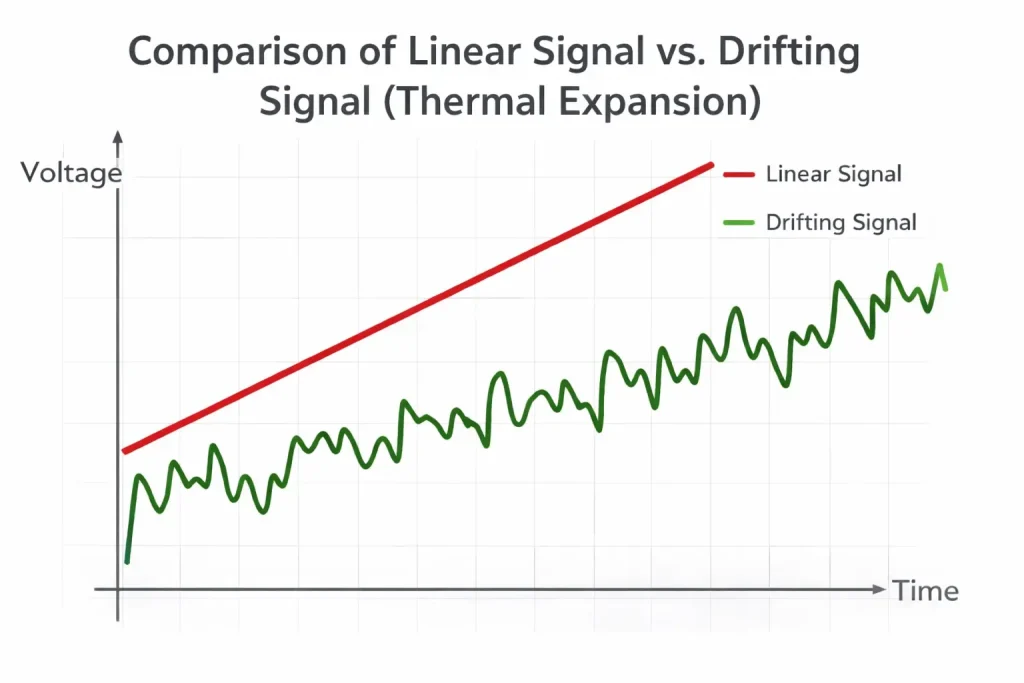 Line graph comparing a stable linear voltage signal and a drifting signal caused by thermal expansion in a DC shunt, shown with red and green lines.