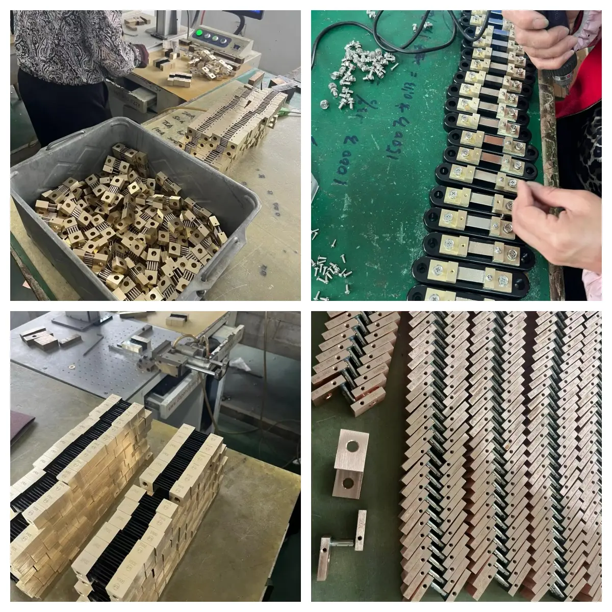 Collage photo showing LEEYD's authentic in-house manufacturing process for manganin DC shunt resistors, including stamping, assembly, quality testing, and final packing in the factory.