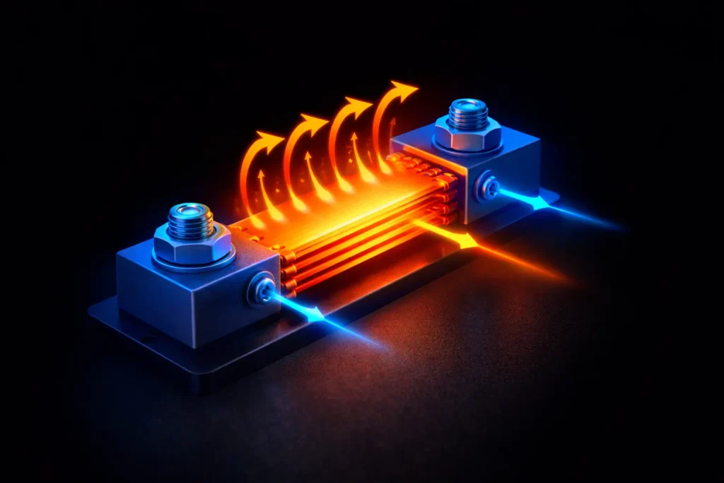 Thermal imaging showing heat distribution and dissipation across a DC shunt under load.