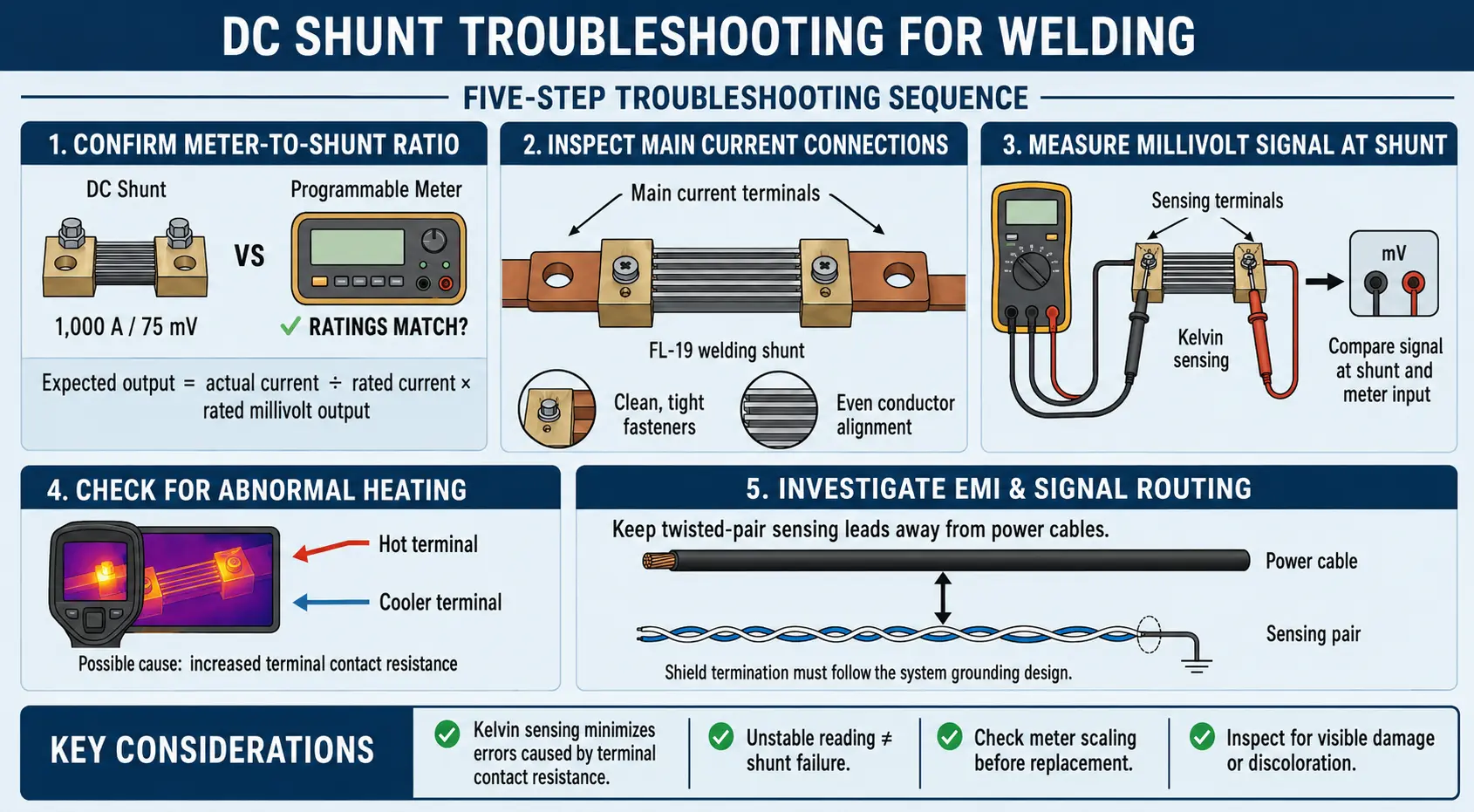 Five-step DC shunt troubleshooting sequence for checking meter ratio, current connections, millivolt signal, heating, and EMI in welding machines.