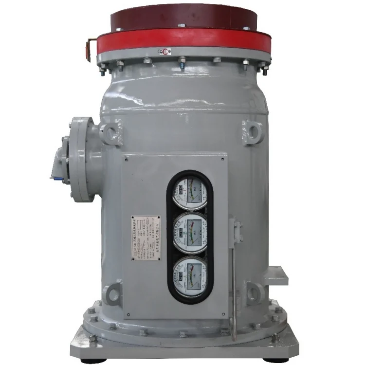 Image of a GIS Surge Arrester, a cylindrical device with a metal enclosure, featuring various high-tech components such as a zinc oxide valve piece, pressure equalizing cover, and electrical connectors, typically installed in high-voltage substations for protection against lightning and surges
