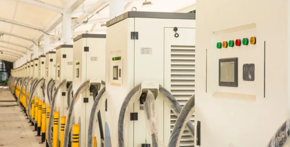 Dijital kontrol panelleri ve ağır hizmet tipi şarj kabloları ile donatılmış, kapalı bir tesiste kurulu bir dizi yüksek güçlü DC hızlı elektrikli araç şarj istasyonu.