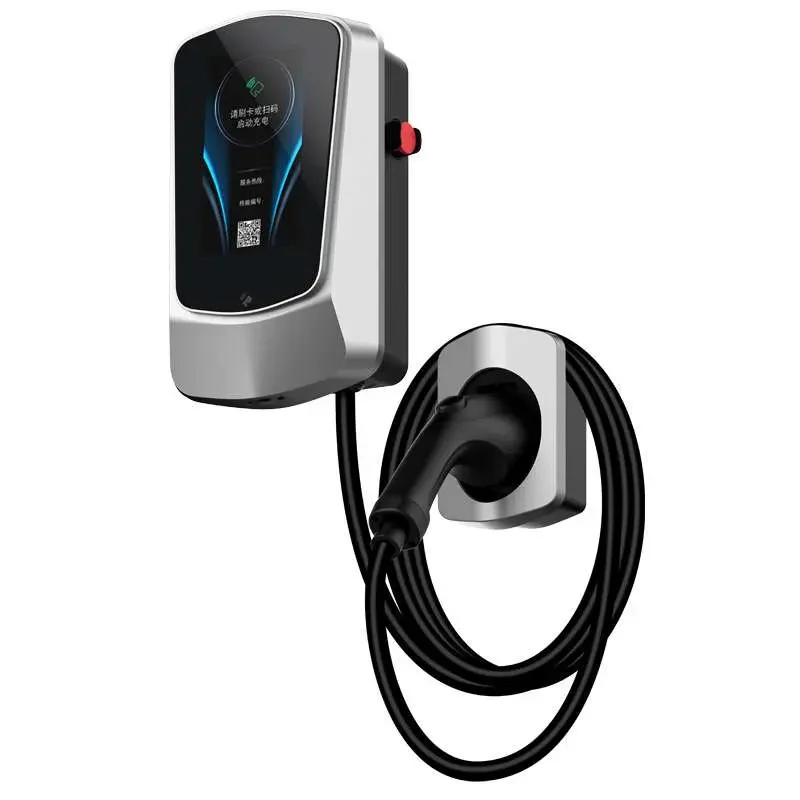 The image features an AC electric vehicle (EV) charger with a streamlined design, showcasing a modern and minimalist aesthetic. The front view of the charger displays a user-friendly interface with a digital screen for monitoring and controls, while the side view highlights its sleek, compact form factor. This AC EV charger is designed for efficient and convenient charging of electric vehicles, emphasizing simplicity and a generous, unobtrusive appearance, suitable for both public and private charging stations.
