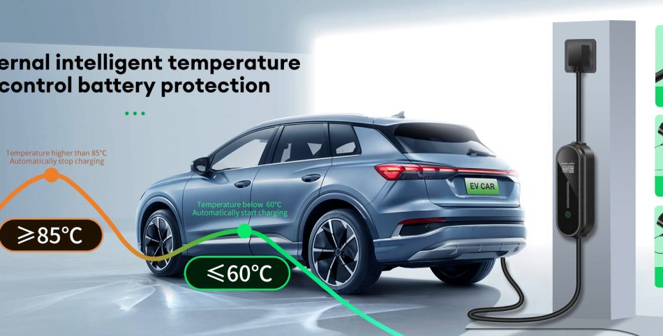 This is an advertisement for an electric vehicle (EV) charging system featuring internal intelligent temperature control for battery protection. The image shows a modern electric car connected to a charging station. A graphic overlaid on the image indicates that if the temperature is above 85°C, the system will automatically stop charging, and if it is below 60°C, it will automatically start charging.