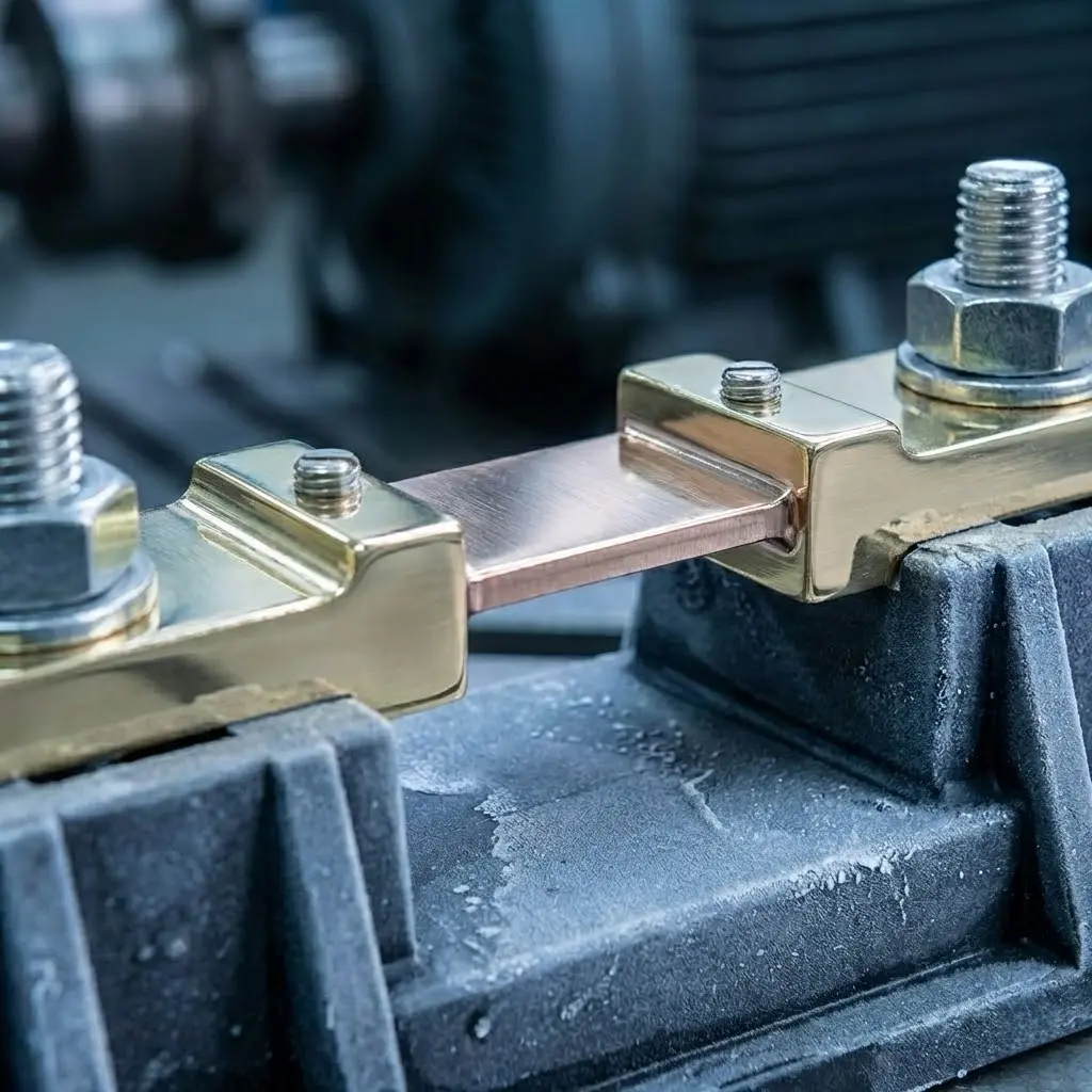 Крупный план промышленного токового шунта с полированными латунными клеммами, медным резистивным элементом и болтовым соединением на оборудовании.