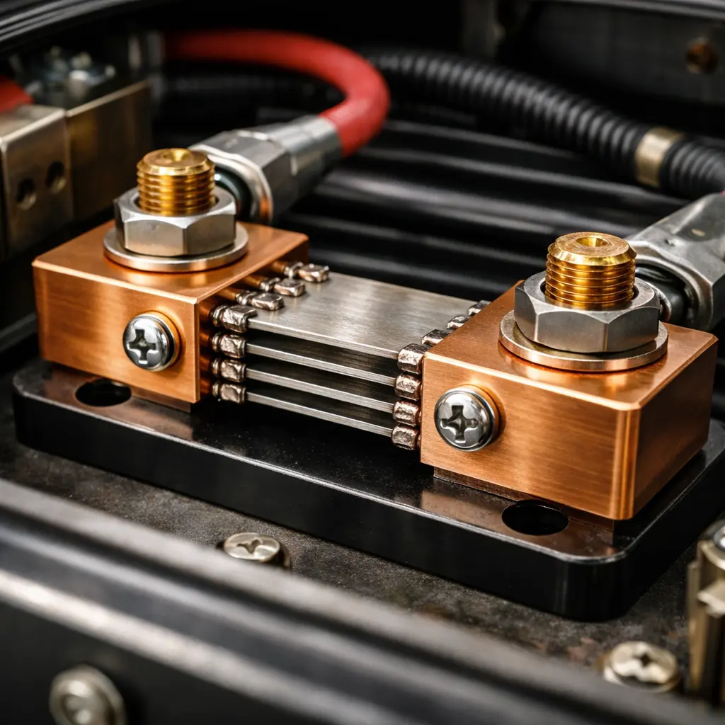 Close-up view of an industrial DC shunt inside a welding machine, showing manganin resistor plates, copper terminals, and Phillips head screws.
