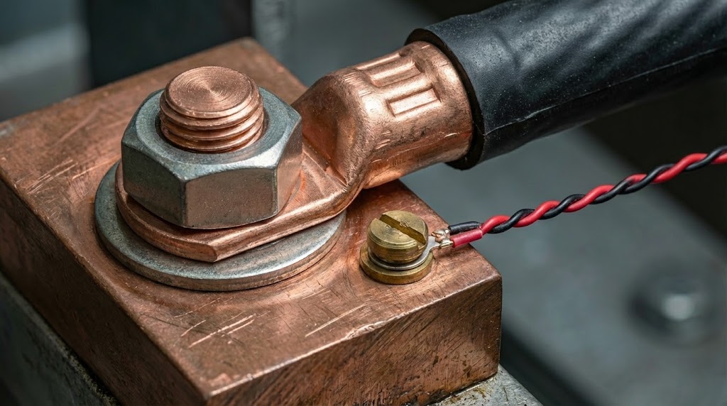 Kelvin connection wiring detail on a DC shunt separating current and sensing paths.