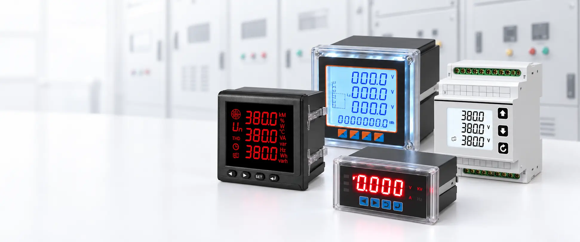 LEEYD digital panel meters and multifunction power meters with a subtle control cabinet background
