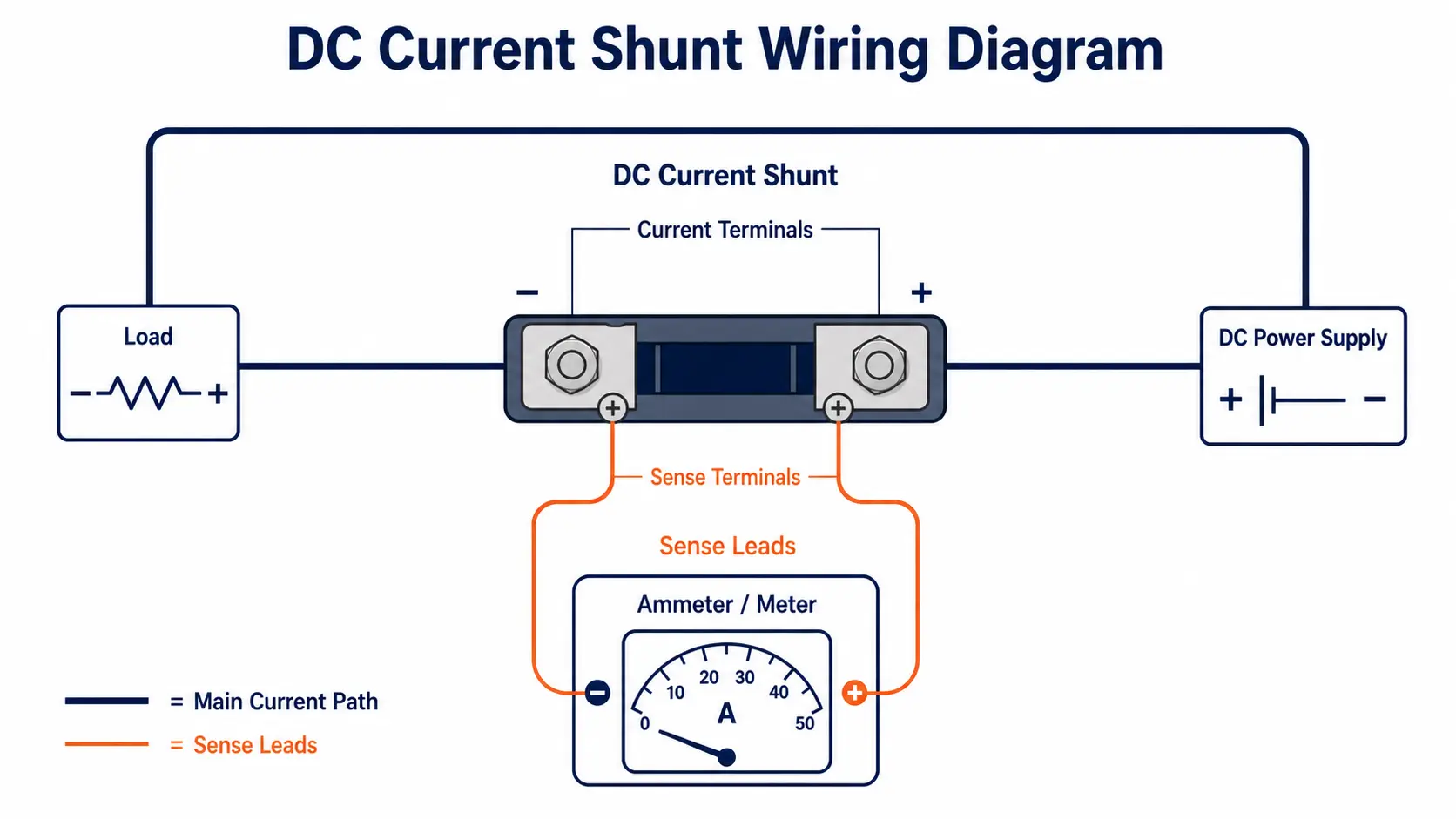 Example wiring diagram showing a DC current shunt installed in series with the load, with separate sensing leads connected to the ammeter.